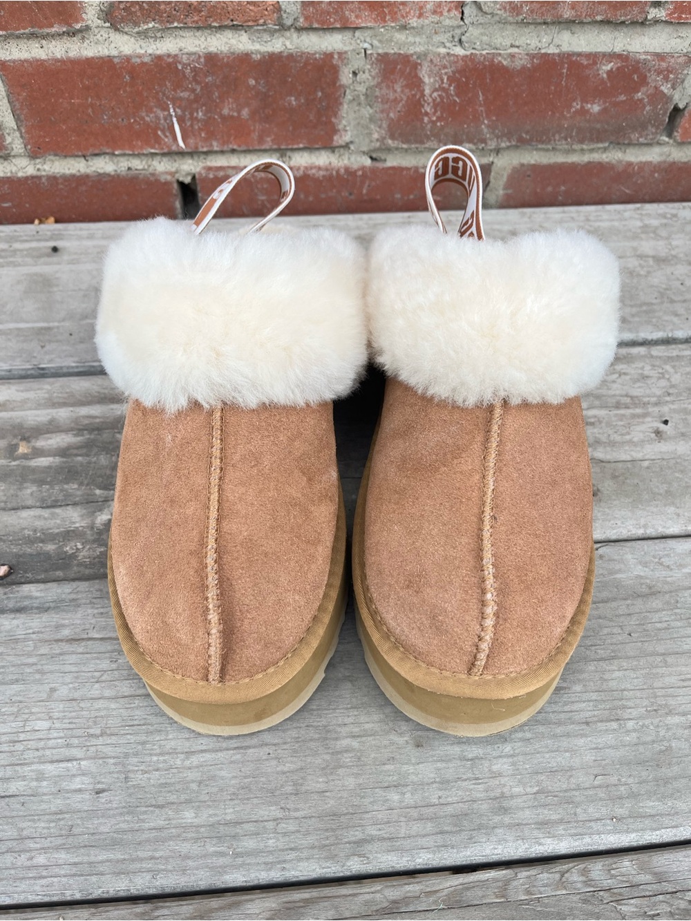 UGG Funkette Chestnut Suede Slide/Slipper with Cream Shearling and Logo Strap - Picture 2 of 4
